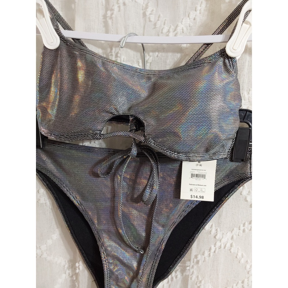 No Boundaries Silver Holographic Bikini Set Medium 7-9 Iridescent Two Piece NWT - Picture 2 of 4